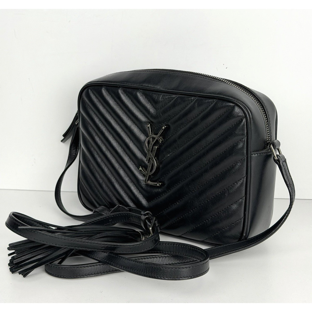 Saint Laurent Lou Matelasse Camera Bag Medium Chevron Quilted Black Leather S